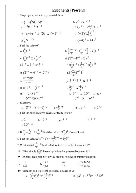 Laws Of Exponents Worksheet Grade 9 Pdf