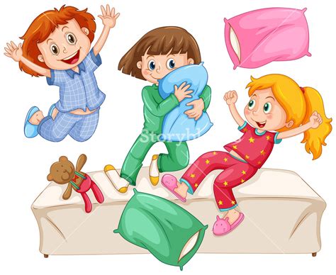 Three girls playing pillow fight at the slumber party illustration ...