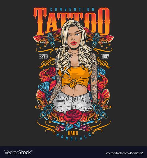 Tattooed Blonde Woman Flyer Colorful Royalty Free Vector