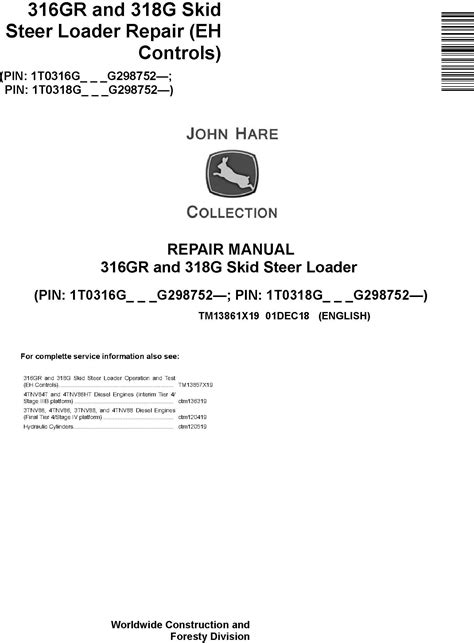 John Deere Skid Steer Loader 316GR 318G Repair Service Manual