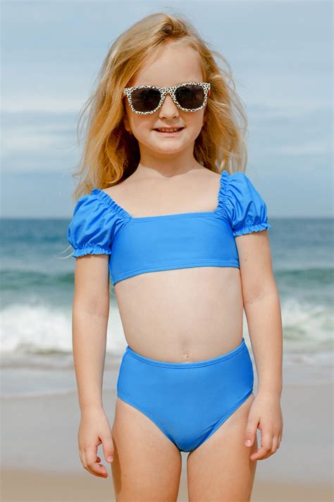 Vapor Wave Merrow Edge And Puff Sleeve Girls Bikini Set