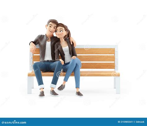 D Dessin Anim Couple Amoureux Assis Sur Un Banc Public Illustration