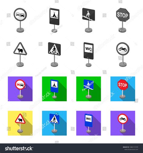 Different Types Road Signs Monochromeflat Icons Stock Vektorgrafik Lizenzfrei 1086151979