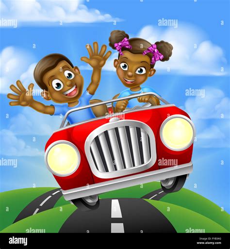 Cartoon black boy and girl having fun driving fast in a car on a road ...