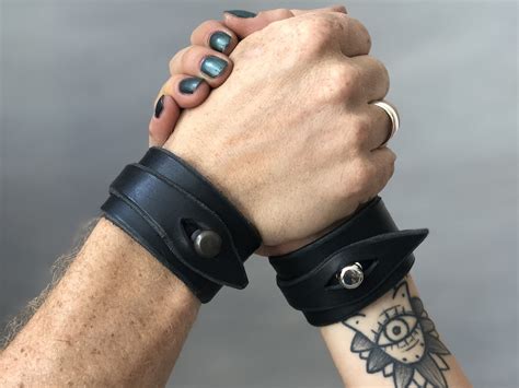 Black Leather Cuff Bracelet For Men And Women Full Grain Leather