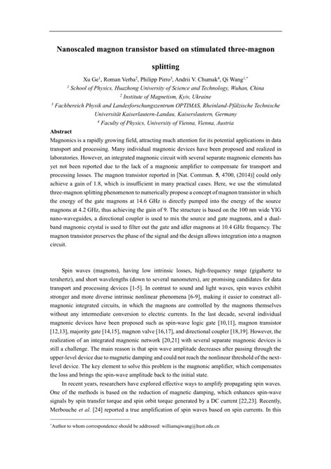 Pdf Nanoscaled Magnon Transistor Based On Stimulated Three Magnon