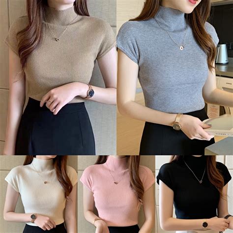 Women's Fashion Outfit Turtle Neck Knitted Short sleeves Blouse 6105 ...