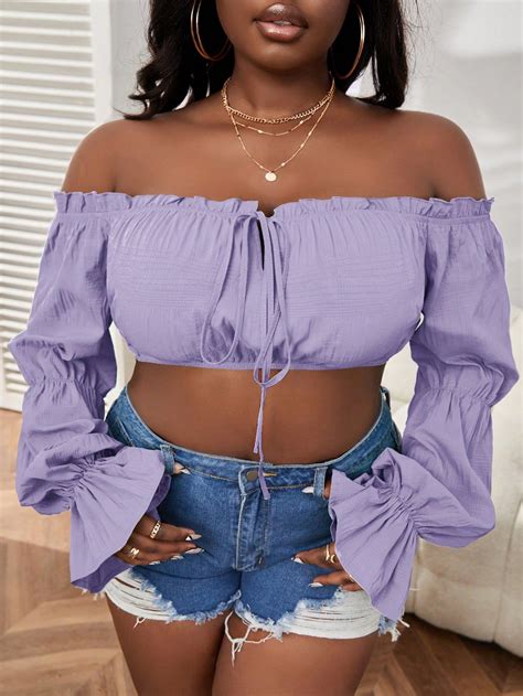 Shein Slayr Plus Off Shoulder Frill Trim Flounce Sleeve Knot Front Crop Top