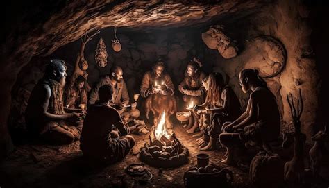 Premium Photo A Group Of People Sit Around A Fire In A Cave