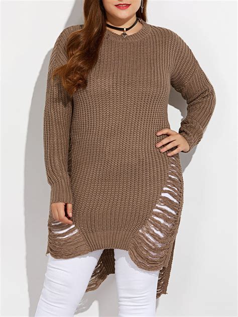 [41 Off] 2021 High Low Ripped Plus Size Crew Neck Sweater In Light