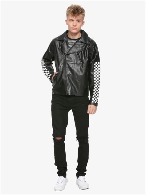 Men Checkered Leather Jacket Black Leather Jacket Mens