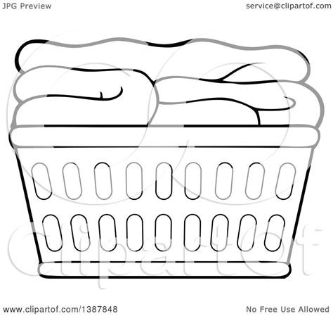 Clipart of a Cartoon Black and White Lineart Laundry Basket with Folded ...