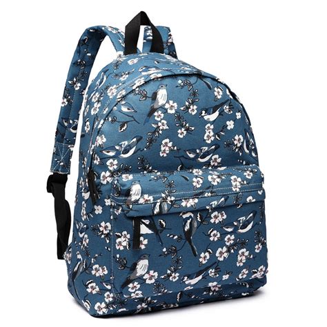 E1401 16j Miss Lulu Large Backpack Bird Print Dark Blue