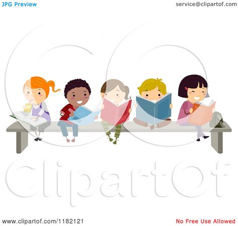 Cartoon of a Group of Happy Diverse Children Reading Books on a Bench - Royalty Free Vector ...