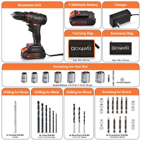 V Brushless Cordless Drill Set Goxawee Power Drill Kit With Mah