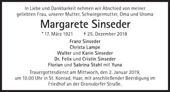 Traueranzeigen Von Margarete Sinseder Sz Gedenken De