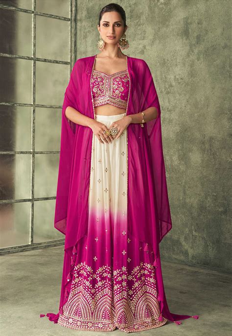 Buy Embroidered Art Silk Crop Top Set With Jacket In Shaded Beige And Fuchsia Online Tch271