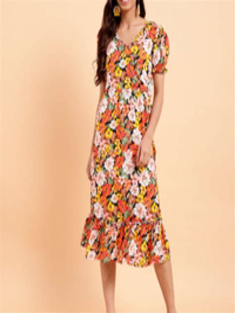 Buy Mint Street Multicoloured Floral Print Puff Sleeve Crepe A Line