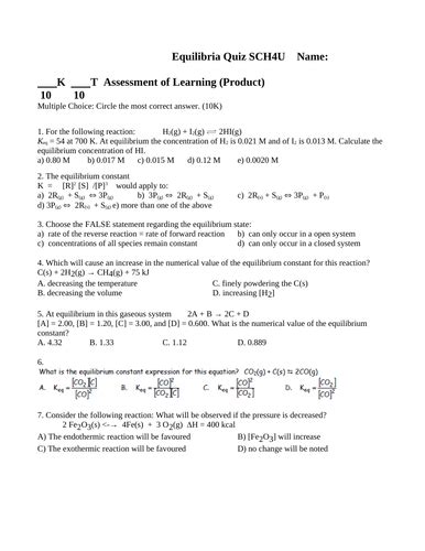 Quiz Equilibria Quiz Grade 12 Chemistry Equilibrium Quiz With Answers