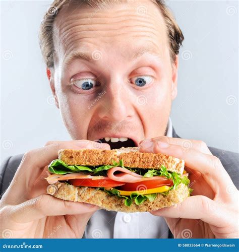 Sandwich Mangeur Dhommes Comique Avec Lexpression Drôle Photo Stock