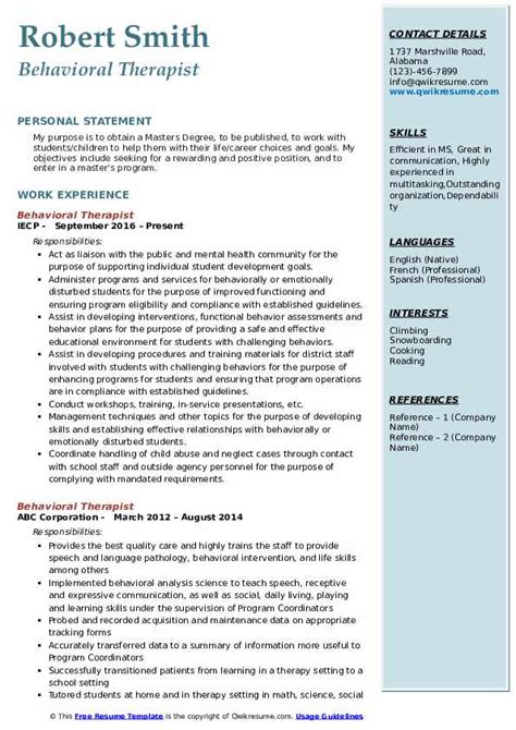 Behavioral Therapist Resume Samples Qwikresume