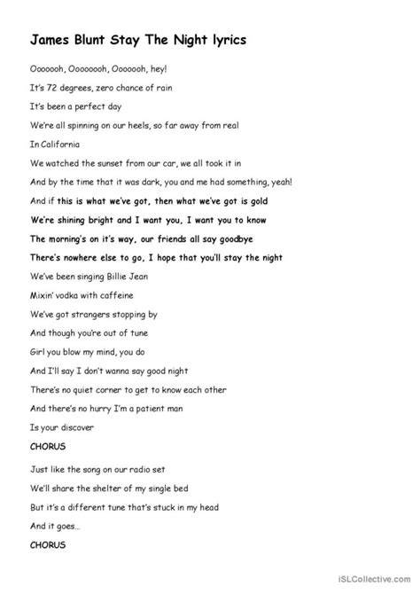 STAY THE NIGHT by JAMES BLUNT song a…: English ESL worksheets pdf & doc