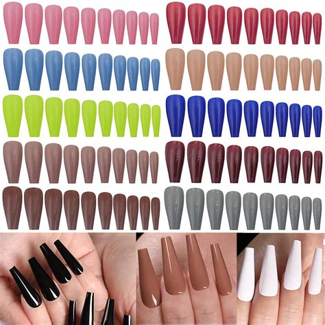 240pc Long Coffin Press On Nails Colored Glossy Ballerina Fake False Nails Full