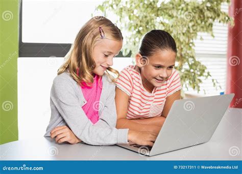 Kids Using Laptop In Library Stock Image Image Of Electronic Happy