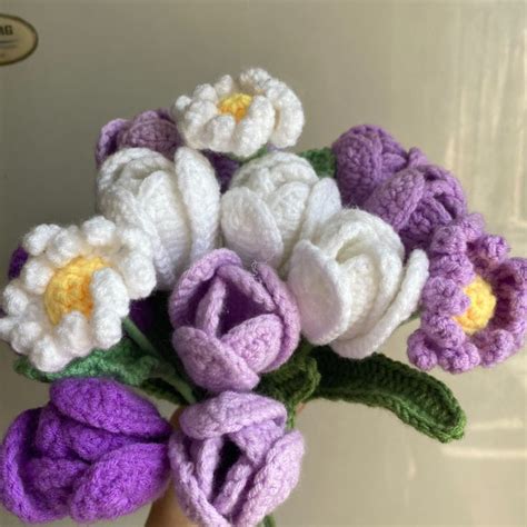 Pretty Crochet Purple Tulip Flower Bouquet For Girl Gift For Sale