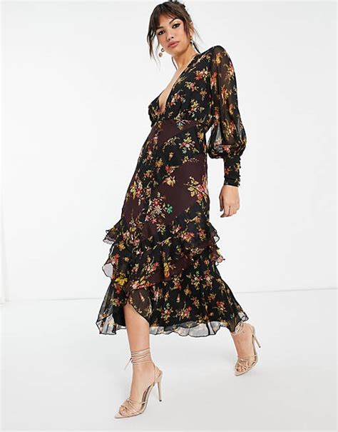 Asos Design Mixed Floral Plunge Button Front Midi Dress With Long