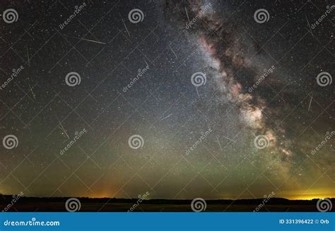 Perseid Meteors With The Milky Way Galaxy During The Perseids Meteor