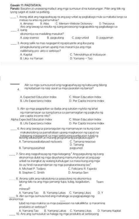 Gawain 11 PAGTATAYA Panuto Basahin At StudyX