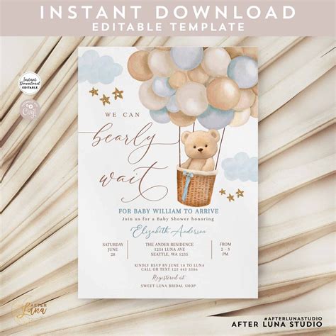 Editable Teddy Bear Hot Air Balloon Baby Shower Invitation Etsy