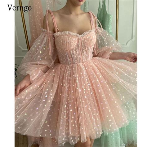 Verngo Dusty Pink Dotted Tulle Evening Party Dresses Off The Shoulder