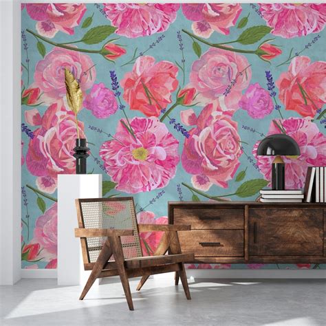 Wild roses - on teal wallpaper - Happywall