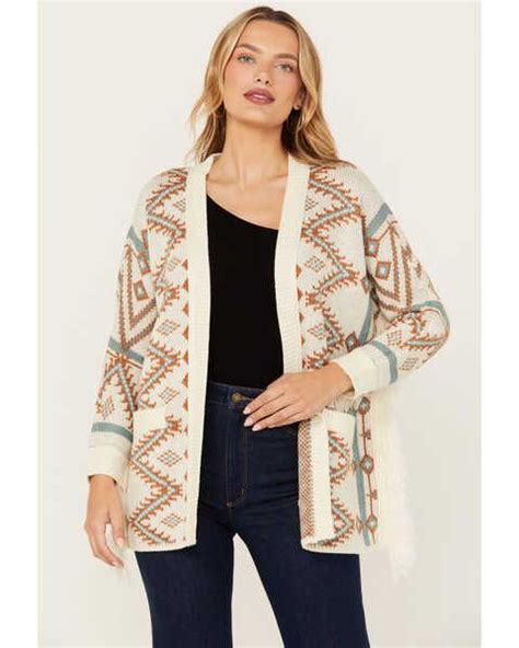 Shyanne Womens Southwestern Print Open Front Fringe Cardigan Fringe