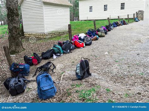 Horizontal Shot Of A Row Of Backpacks In The Smoky Mountains Nat Stock