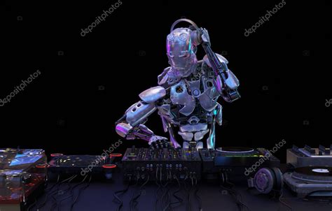 Robot Disc Jockey En El Dj Mixer Y Tocadiscos Juega Club Nocturno