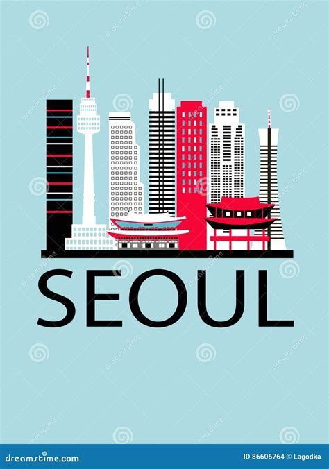 Seoul City Line Art With Watercolor Splash Vector Illustration