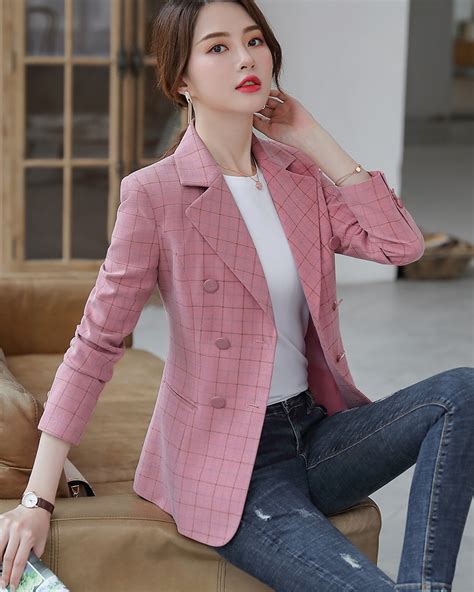 Fashion Pink Plaid Blazer Women England Style Girl Jackets Outwear