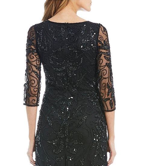 Pisarro Nights Beaded Sequin Boat Neck Illusion 3 4 Sleeve Gown