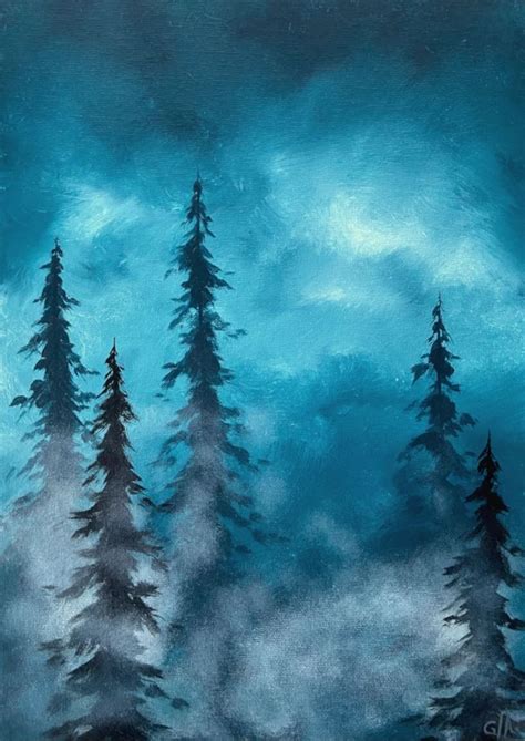 Dark Landscape Painting Original Art Night Sky Trees | Etsy ...