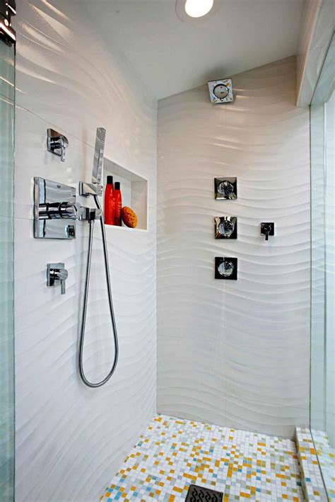 Contemporary Shower With Textured White Walls Bright Tile Floor And