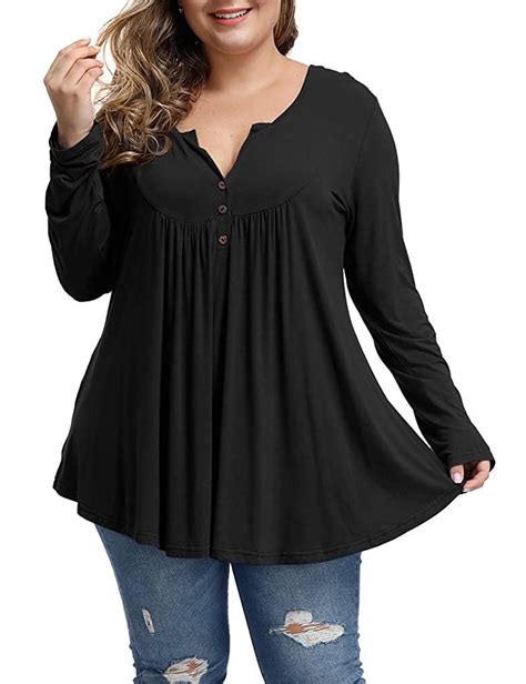 Women S Plus Size Henley V Neck Tunic Tops Long Sleeve Buttons Up