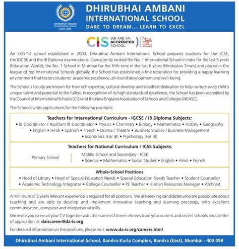 Dhirubhai Ambani International School, Mumbai, Wanted Teachers ...