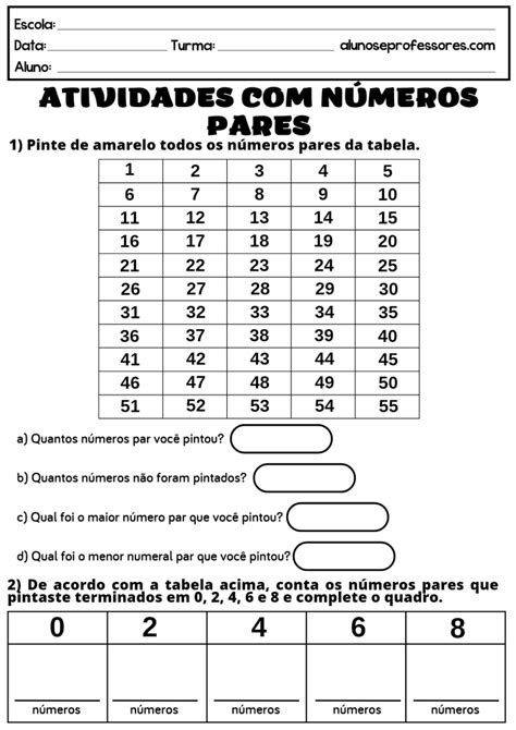 Atividades sobre Números Pares e Ímpares Alunos e Professores