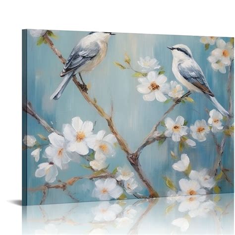 GOSMITH White Floral Canvas Artwork Wall Elegant Flower Tree And Birds