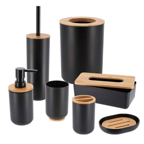 Black Padang Bathroom Accessory Set 7 Pieces Bamboo