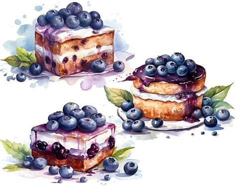 Watercolor Blueberry Cake Clipart Dessert Png Square Cake Etsy