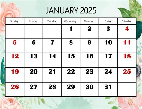 January 2025 Calendar Printable PDF Template with Holidays